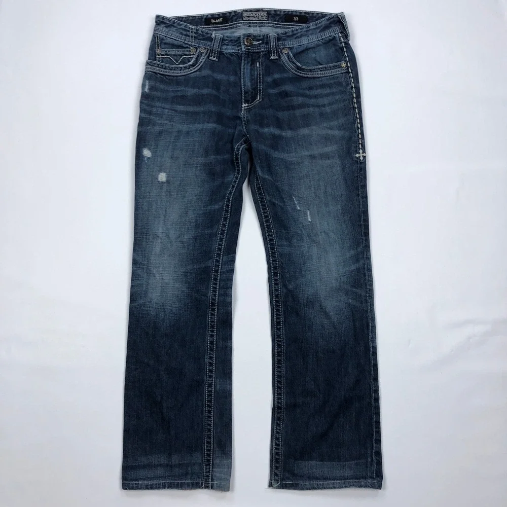 Affliction Premium Blake Jeans Mens 33 Medium Wash Straight Leg Embroidered **